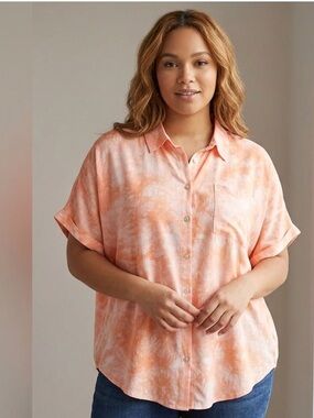 FOREVER 21 Tie Dye Collar Short Sleeve Woven Shirt in Orange‎